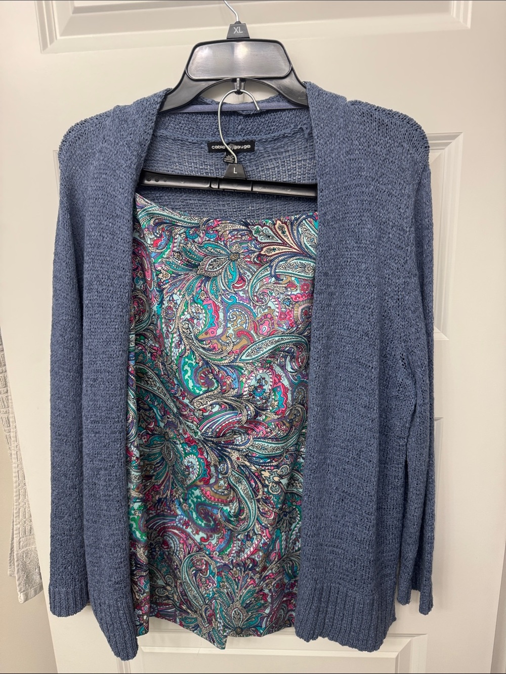 Talbots skirt-paisley with Cable & Gauge Blue Open-Front Cardigan bundle